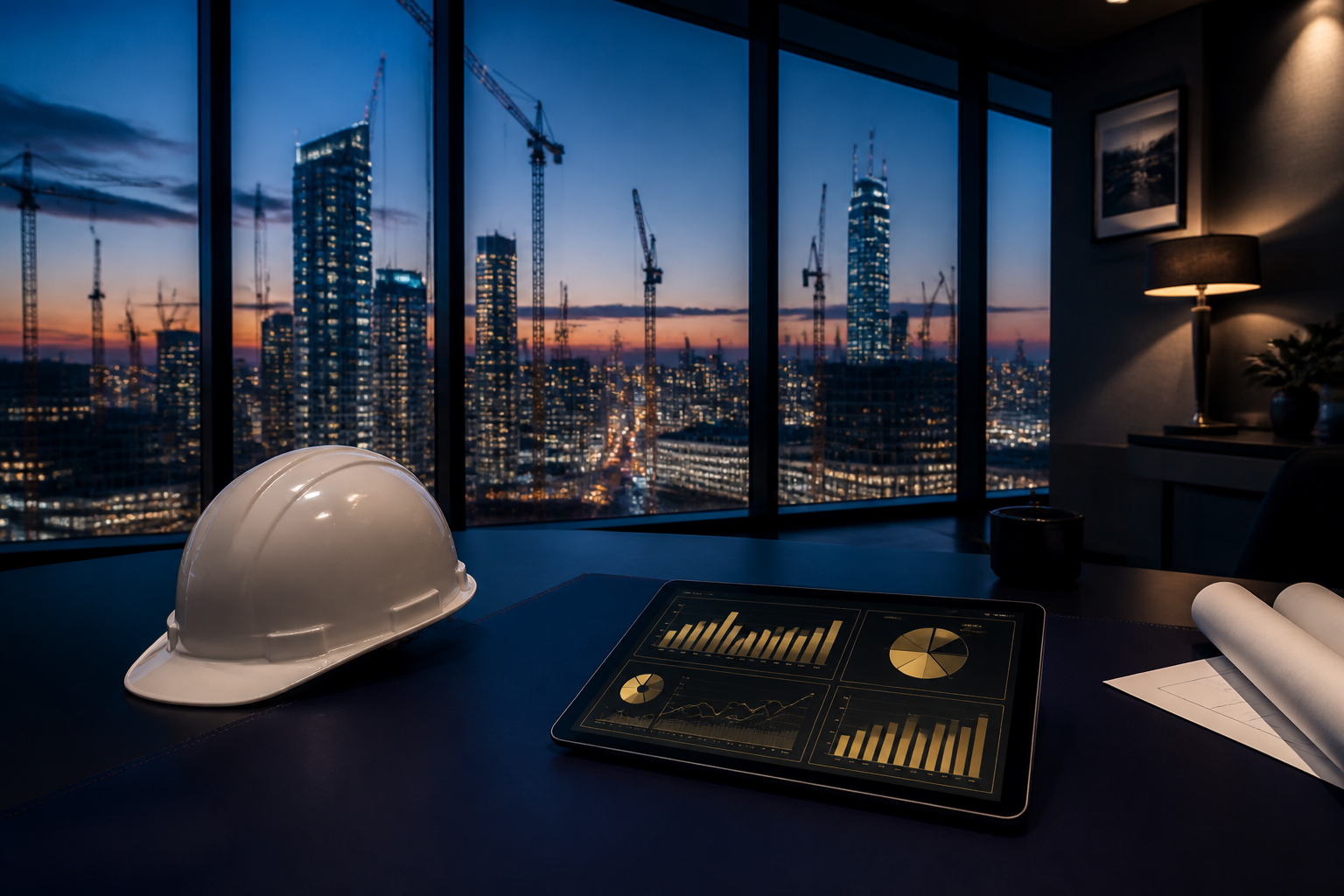Construction payroll CIS site office at dusk.