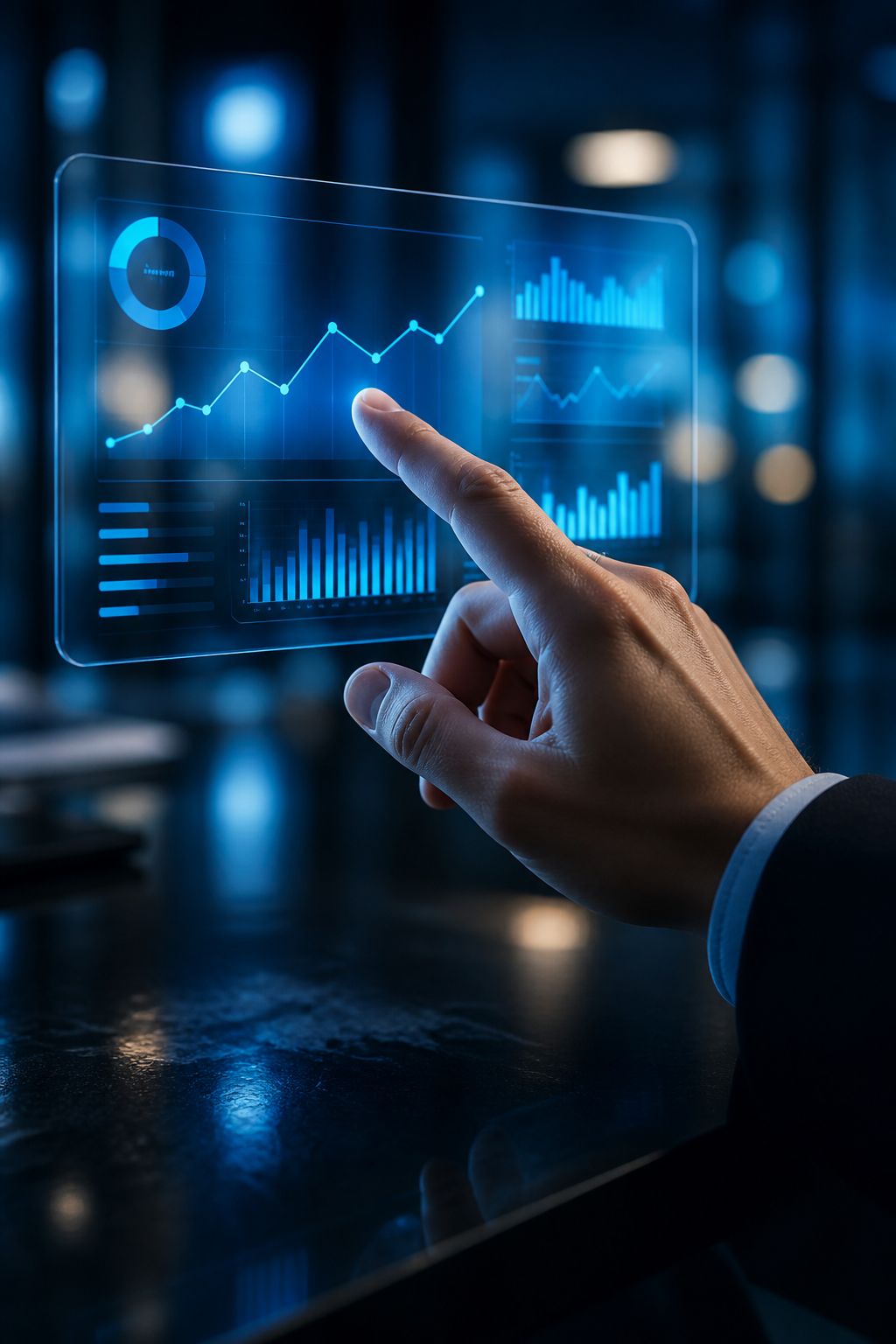 Cloud Accounting & Digital Transformation detail — Hyper-realistic macro: A professional hand wearing a sleek platinum band interacting with a floating