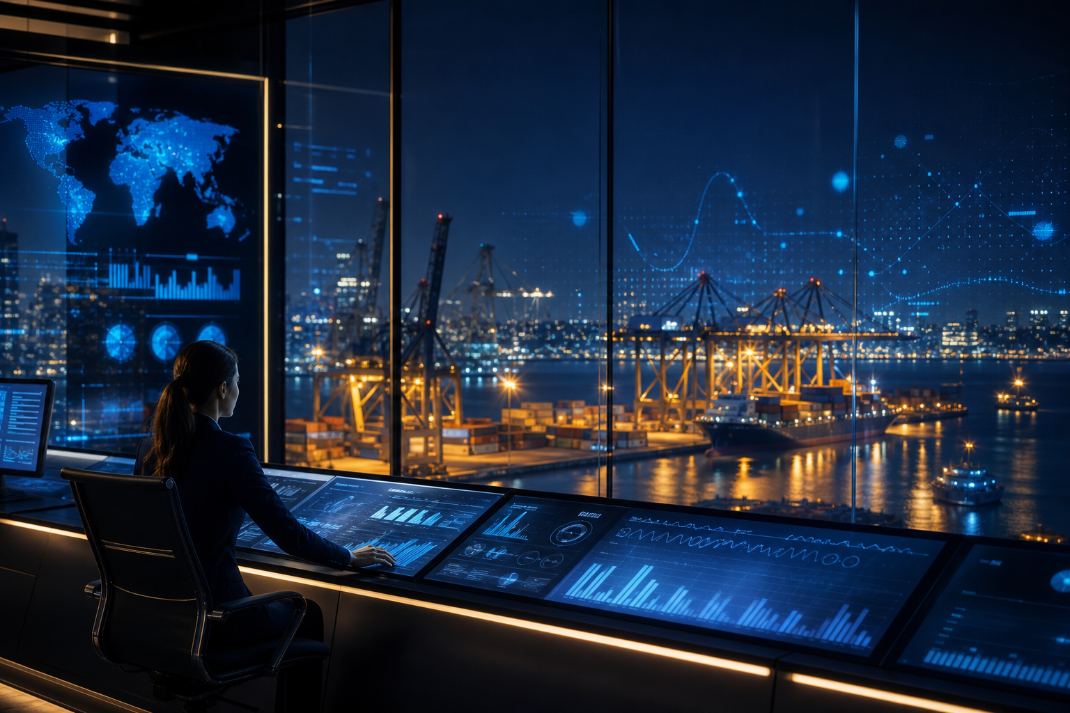 Cinematic harbour control room with sapphire data overlays.