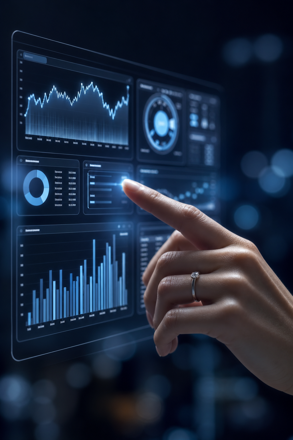 Cloud Accounting & Digital Transformation detail — Hyper-realistic macro: A professional hand wearing a sleek platinum band interacting with a floating