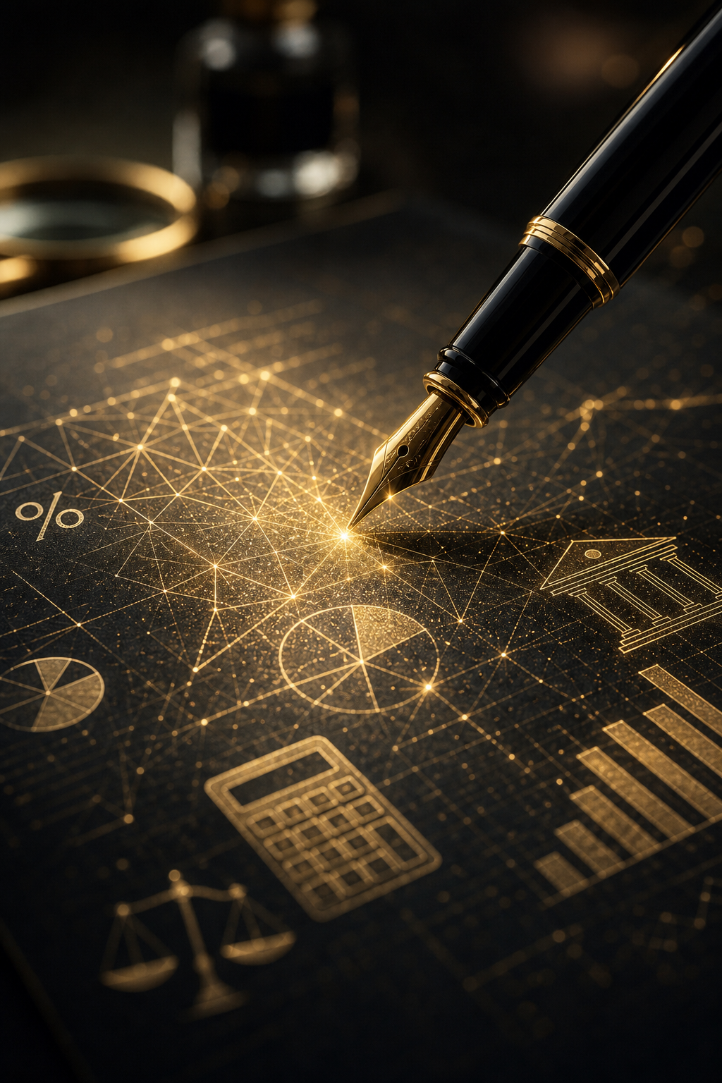 Corporate Tax Planning & Optimisation detail — Artistic macro precision: A sleek dark fountain pen hovering above luminous smart paper. The 'ink' e