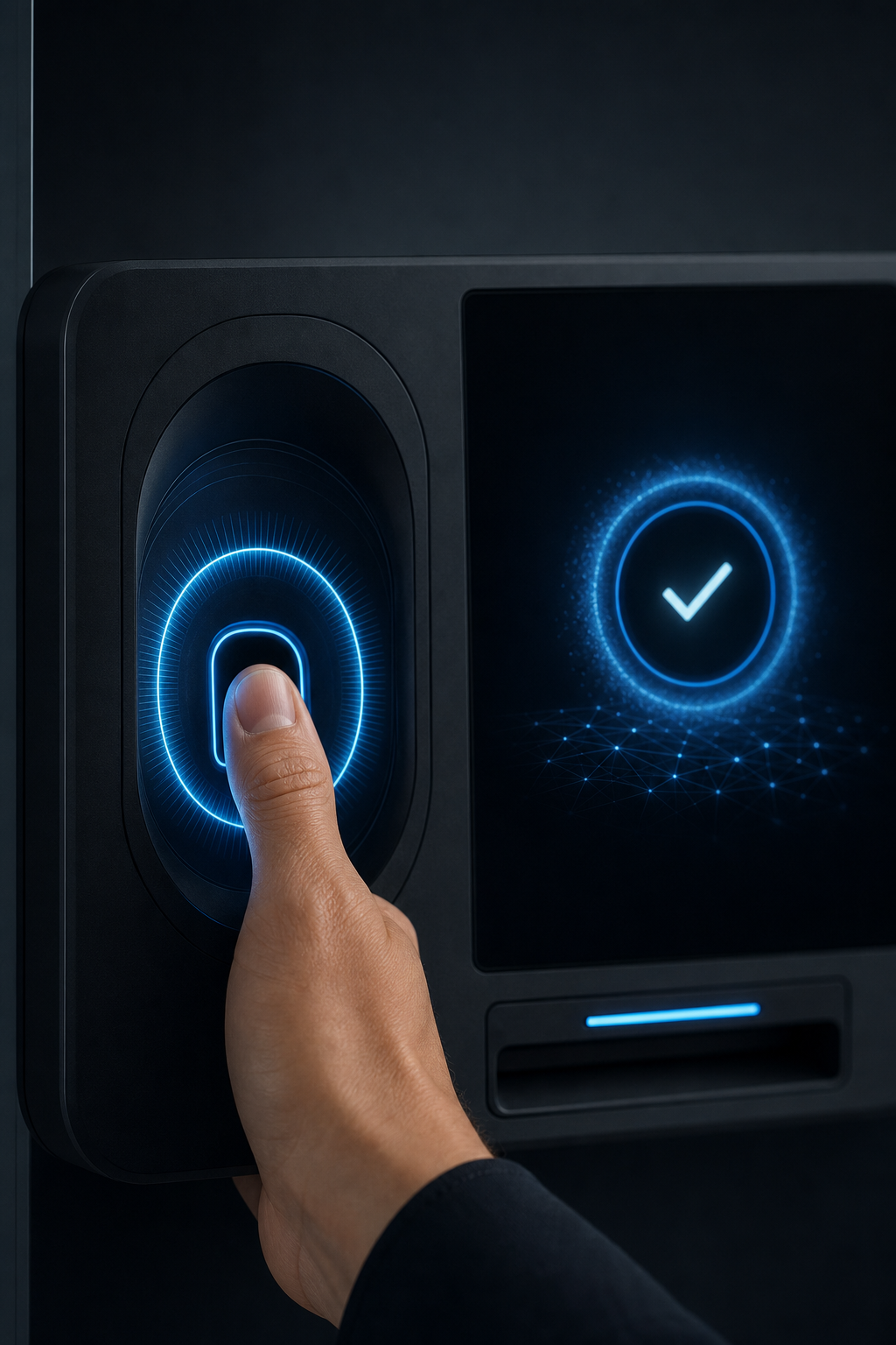 Payroll Bureau & CIS Management detail — Secure biometric macro: A sophisticated matte-black biometric scanner interface. A subtle ethereal b